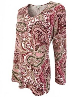 Dress Barn Women’s Pink Paisley V-Neck Festive Boho Beach Top SZ M EUC